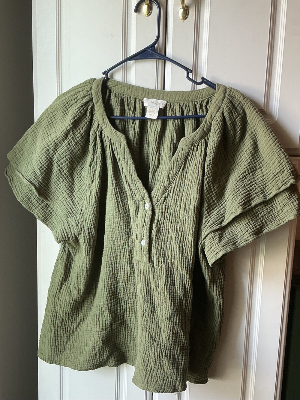 Cynthia Rowley Olive Green Gauze Peasant Blouse Top